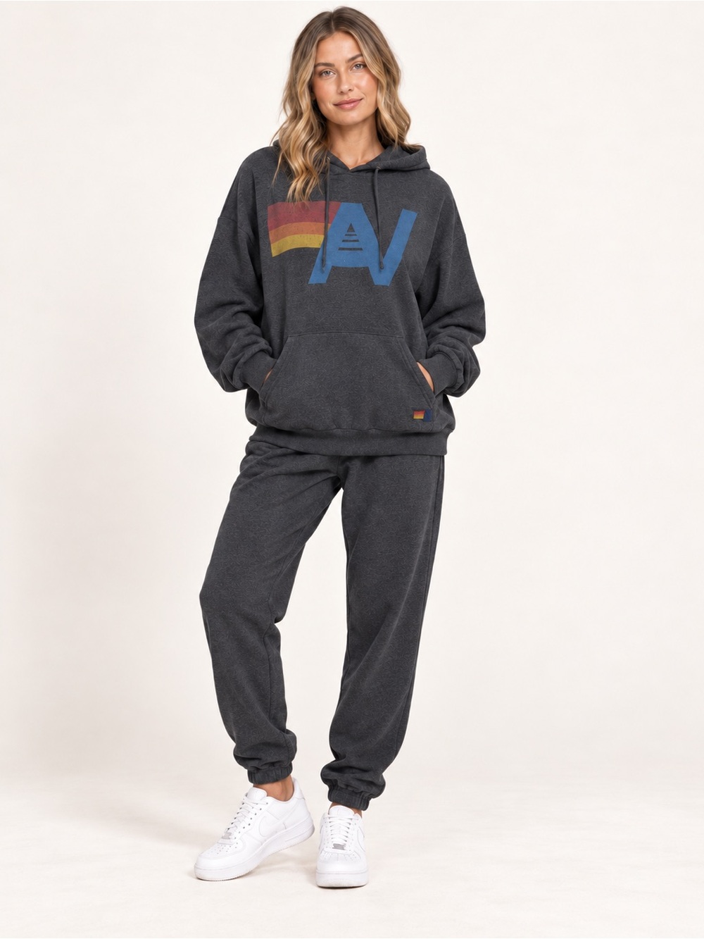 Aviator Nation AV Logo Rainbow Hoodie Charcoal M Y2K Coastal Athleisure